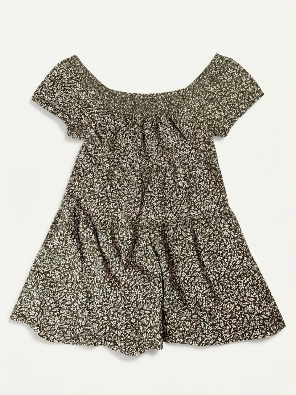 Old Navy Olive Green Floral Smocked Off-the-Shoulder Tiered Mini Dress Medium